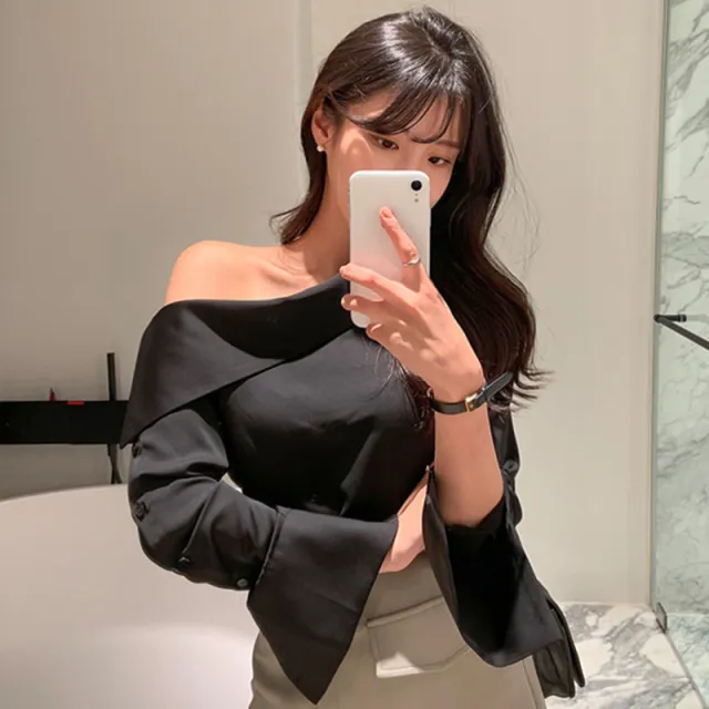 Women's Temperament Slanted Collar Loose Side Buttoned Shirt Black - Shop at LoveMi