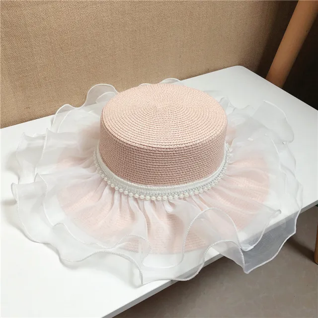 Pearl Lace Mesh Shade Straw Hat Pink - Shop at LoveMi