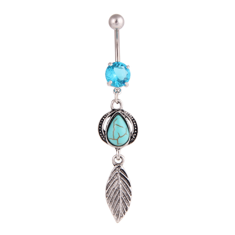 Title 4, Turquoise Water Drop Leaves Belly Button Ring S...