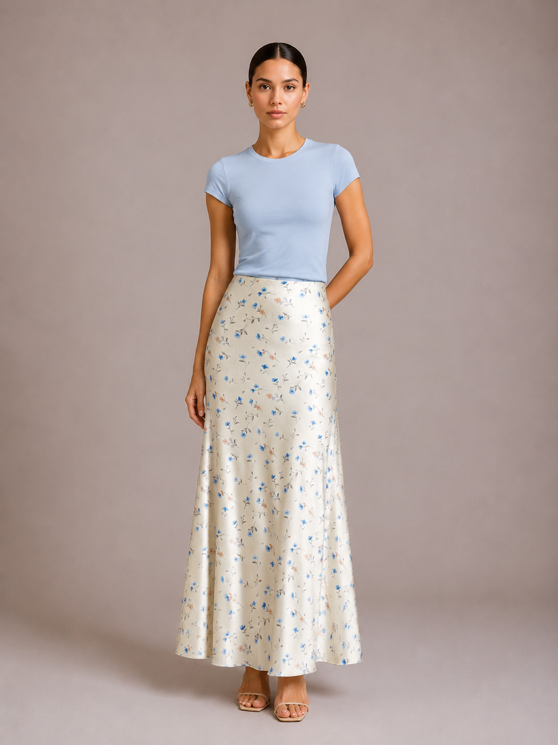 Base Ditsy Floral Print High Waist Satin Mermaid Midi Slip Skirt