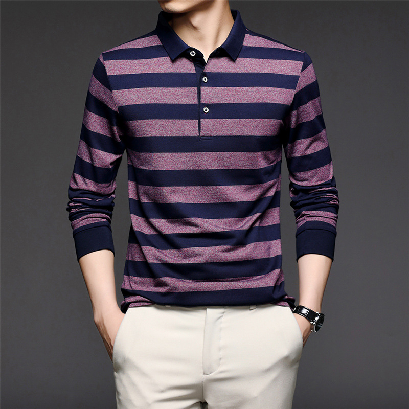 Middle-aged Long-sleeved T-shirt Men's Polo Shirt Lapel Striped Casual Style