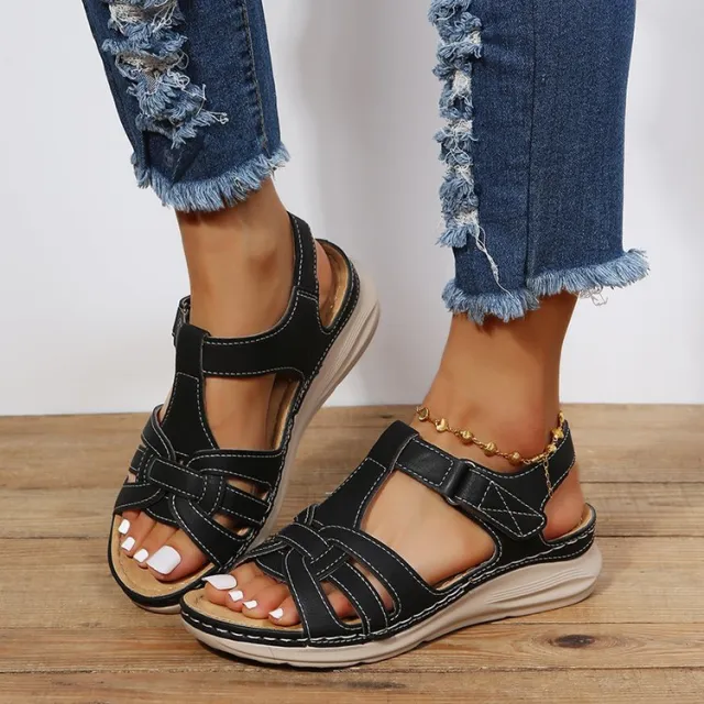 New European And American Wedge Stitching Light Hollow Large Size Sandals Black - Shop at LoveMi