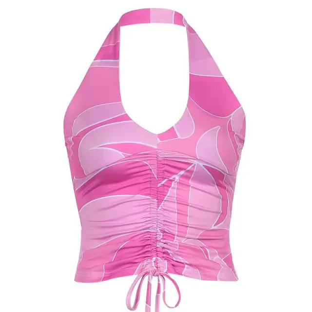 Smocked Abstract Print Cropped Sleeveless Open back Tank Top Pink - Shop at LoveMi