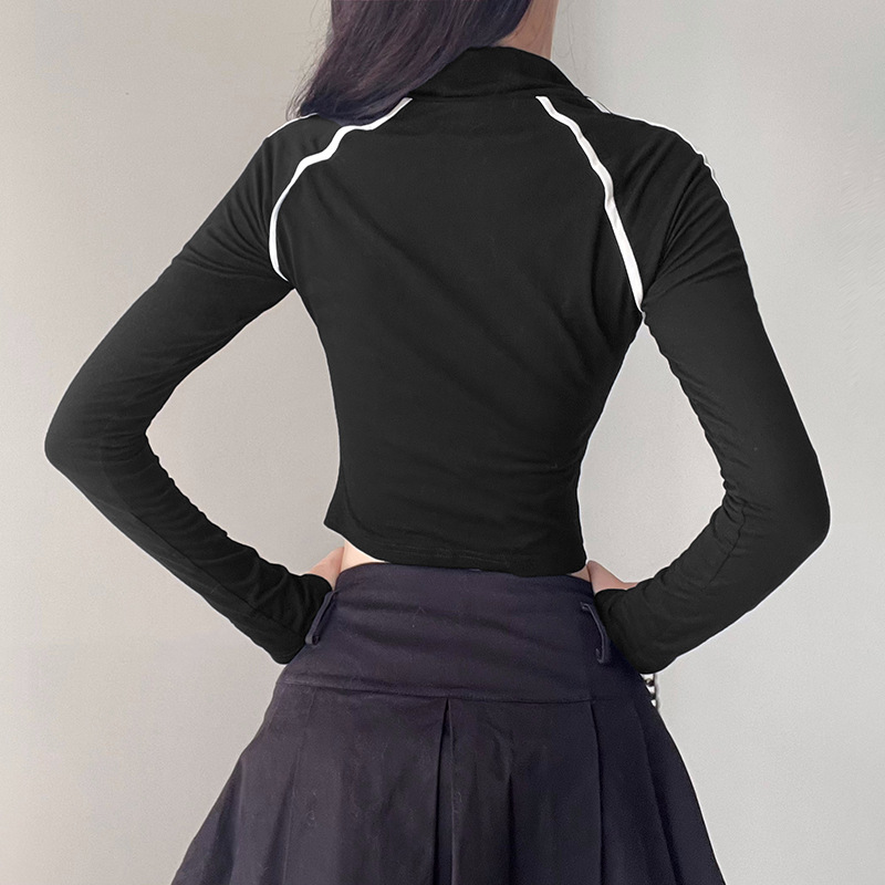 Lapel Zipper Contrast Color Braid Stitching Long Sleeve Sweater Basic Slim Fit Hot Girl Letter Fall Winter Coat