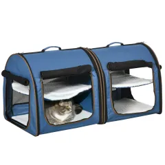 Portable Twin Compartment Show House Cat Cage 39 Soft-Sided Pet Kennel With Soft Cushions Storage Bag Blue - Blue - View 1