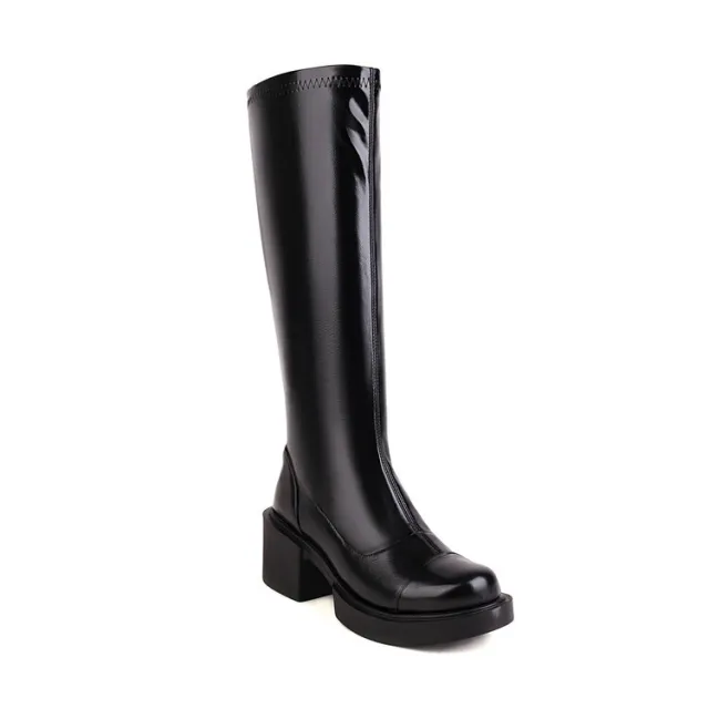 Round toed Black Waterproof Platform Boots With Thick Heels Falling Below The Knee Black - Shop at LoveMi