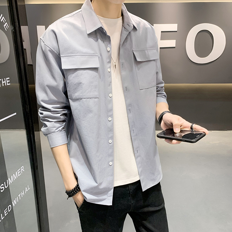 Solid Color Fashion Men's Long-sleeved Loose Two-pocket Shirt