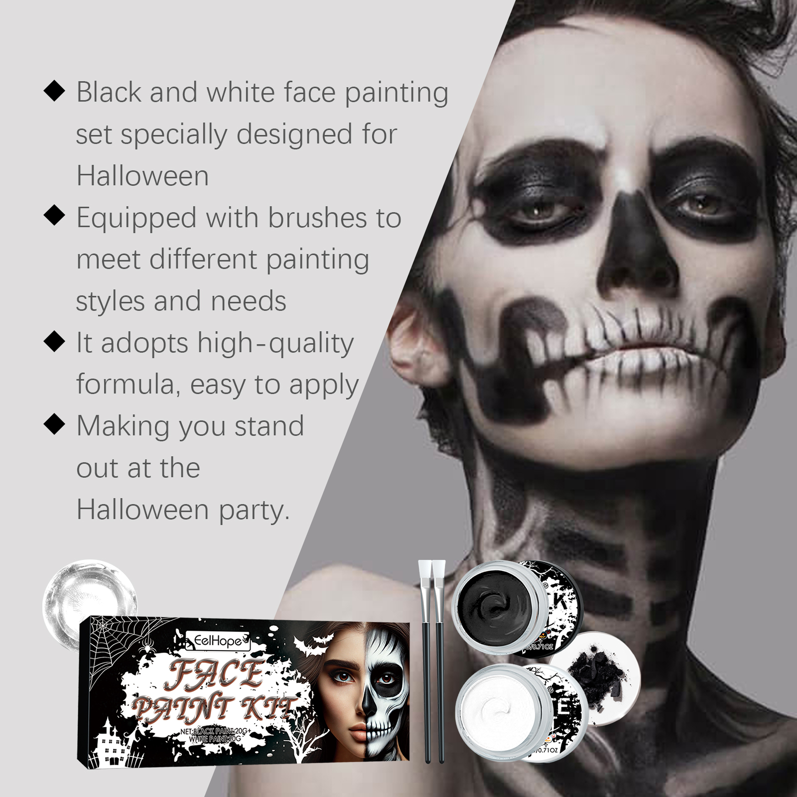 Black White Face Paint Kit, Halloween Skeleton Body Paint For Cosplay Costume Makeup, High Coverage Face Painting With Brushes