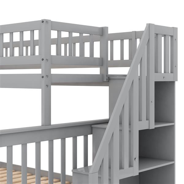 Twin Over Full Stairway Bunk Bed With Storage, Gray_voghion.com