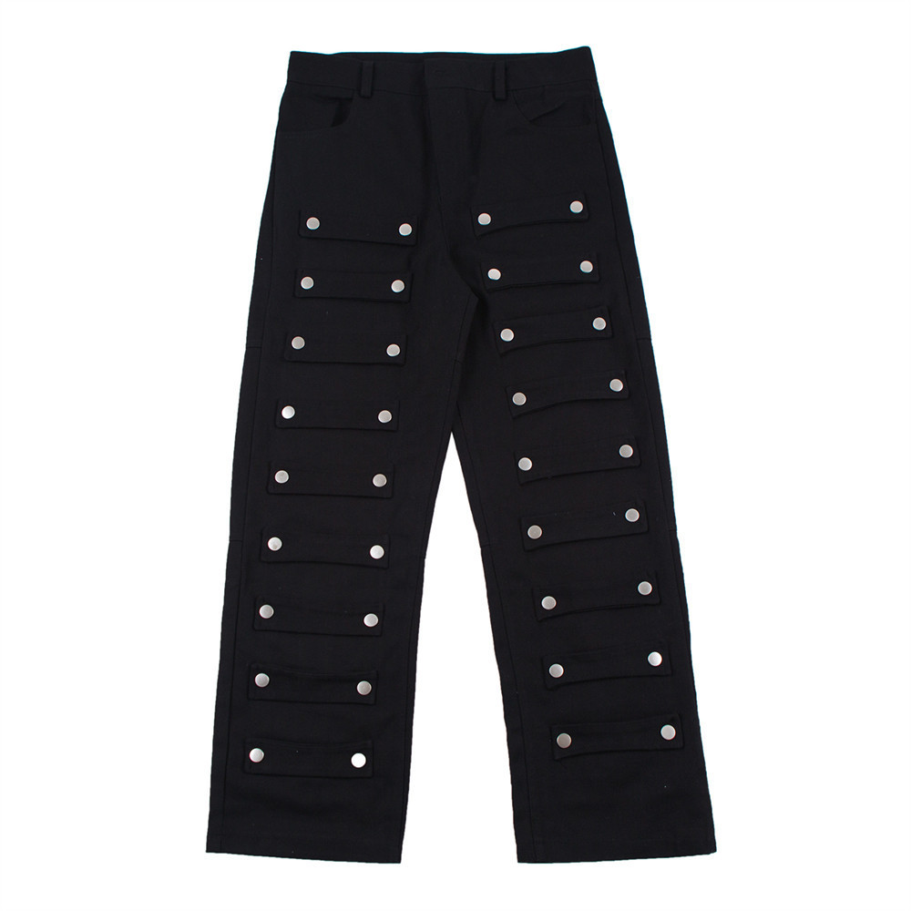 Street Fashion Loose Straight-leg Trousers With Metal Buckle Patch