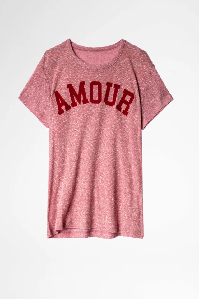 Letters AMOUR Flocked Print Floral Crew Neck Short Sleeves Pink - Shop at LoveMi