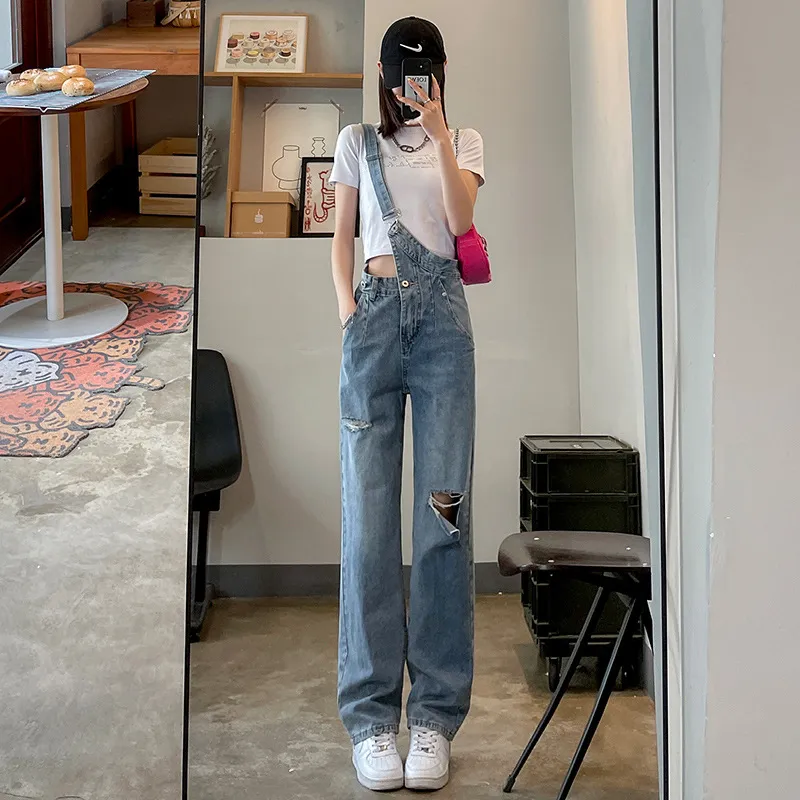 Ripped Jeans With Diagonal Suspenders For Women - Light Blue Regular