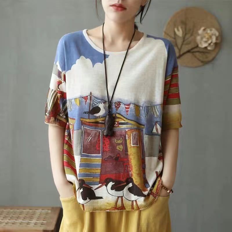 Women's Fashion Vintage Literary Pure Print Round Neck Knitwear