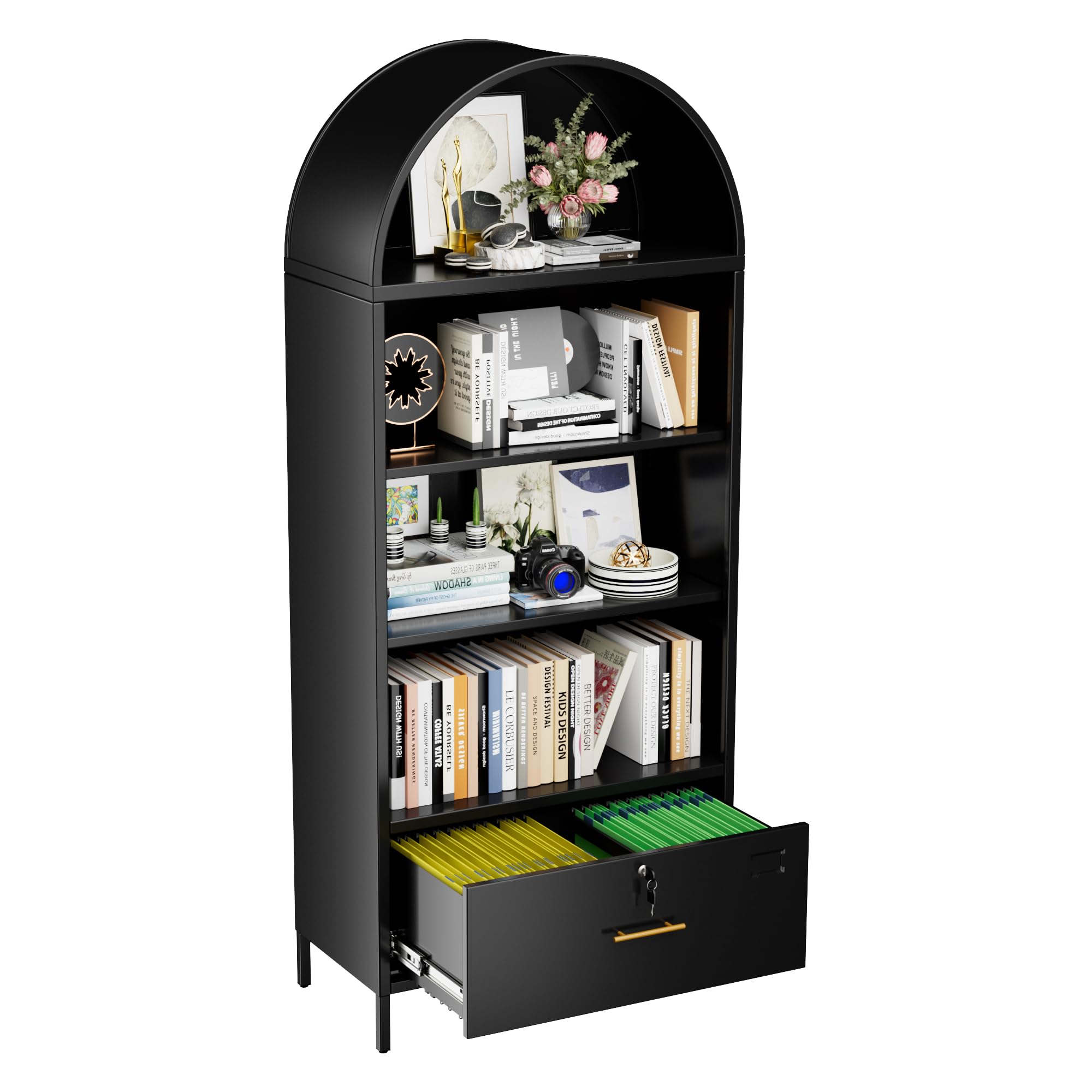 Aobabo 72.8inch H Metal Arched Bookcase With 2 Adjustable Shelves And 1 File Drawer For Home Office, Black,Required Assembled