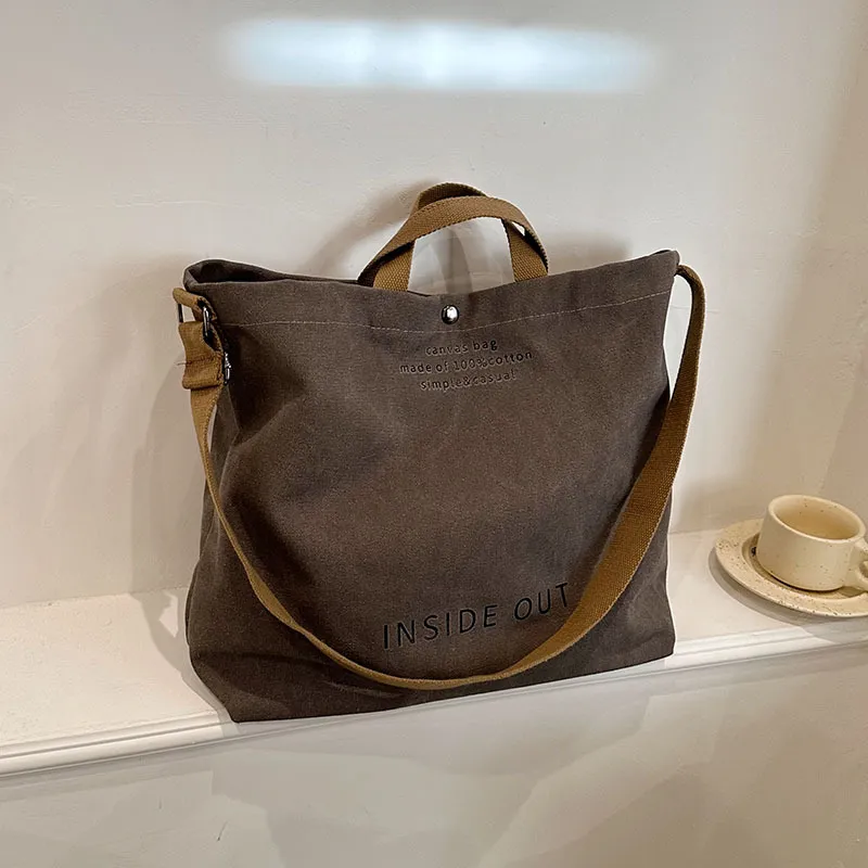 Large-capacity Canvas Bags Women Casual Fashion Totes Alphabet Print Shoulder Bag With Adjustable Strap Retro Handbag For Shopping - Grey