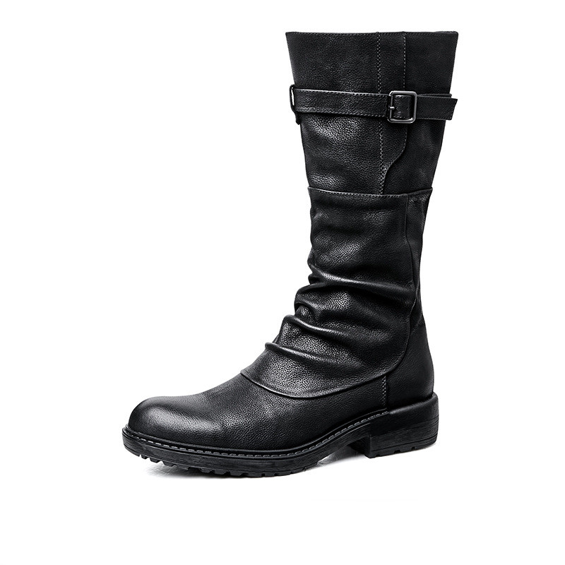 Men's High Top Long Platform Side Zip Biker Boots