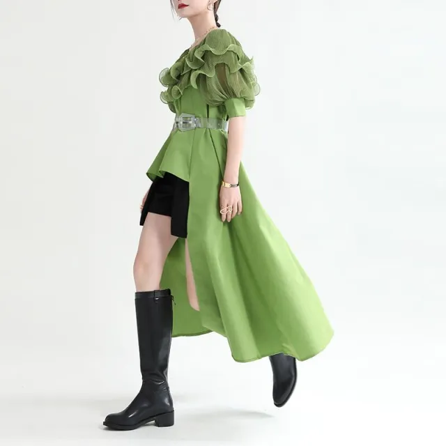 Ruffled Pleated Chiffon Panel Shirt Dress Grey - Shop at LoveMi