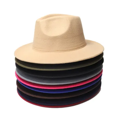 Autumn And Winter New Woolen Solid Color Wide Brim Glossy Hat