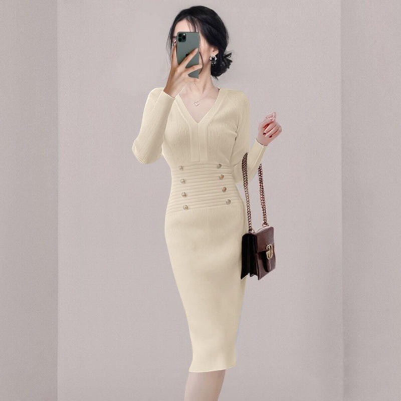 Knitted V-neck Long Sleeve Temperament Wild Slim Dress
