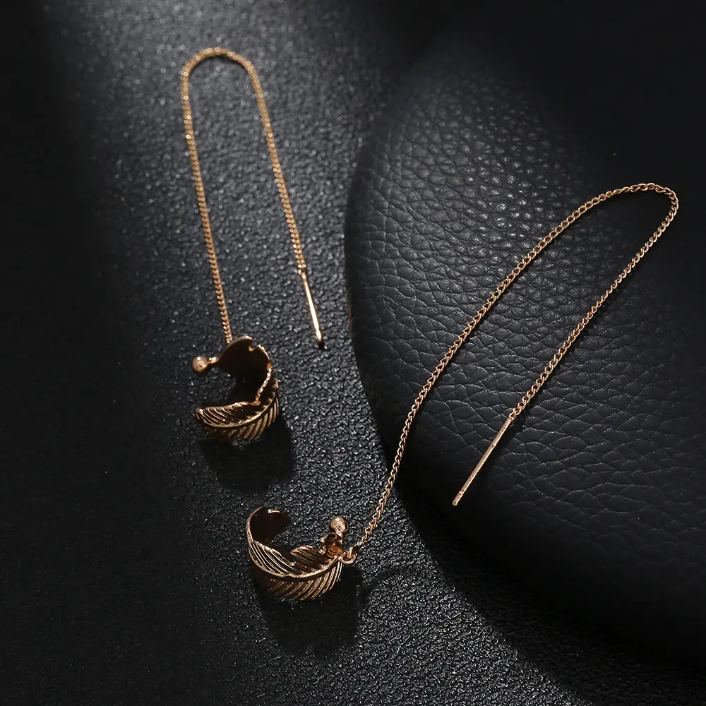 Cross Border Jewelry Personality Leaf Ear Bone Clip Super Long Personality Tassel Ear Thread Earrings