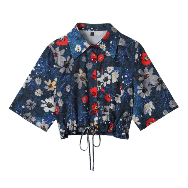 Printed Short sleeved Shirt Design Niche T shirt Polo Collar Short Shirt Blue - Shop at LoveMi