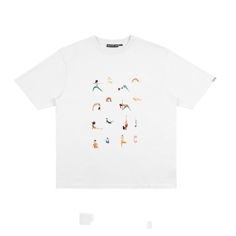 Cute Cat Yoga 8 Groups Printed Short Sleeve Couples Pure Cotton Short Sleeve