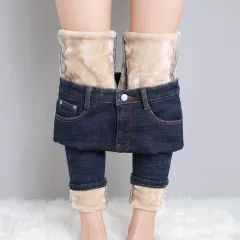New Single-layer Fleece-lined Skinny Pants - Blue Cropped Pants - View 1