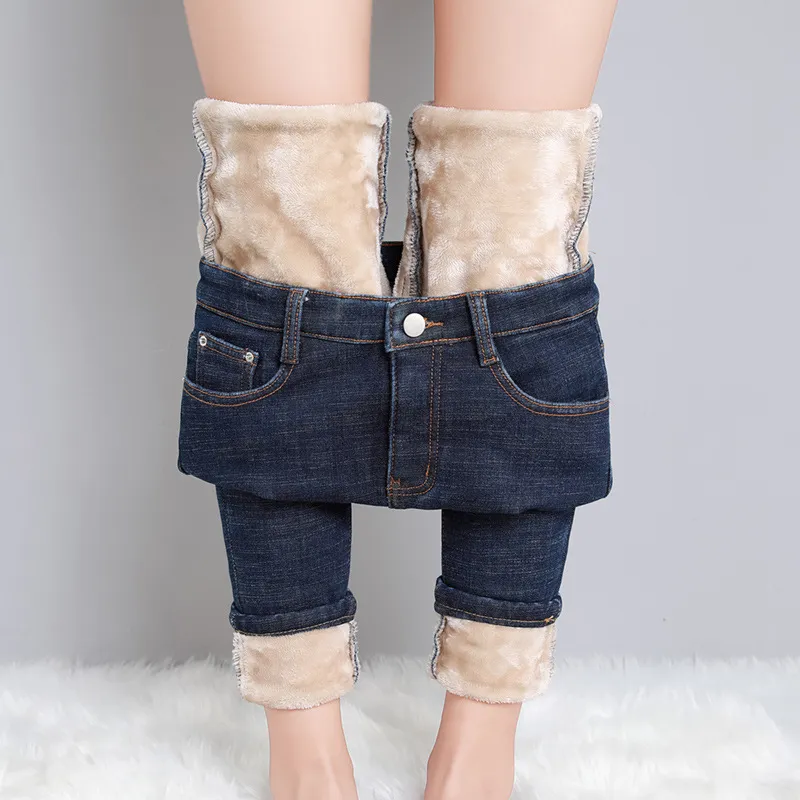 New Single-layer Fleece-lined Skinny Pants - Blue Cropped Pants