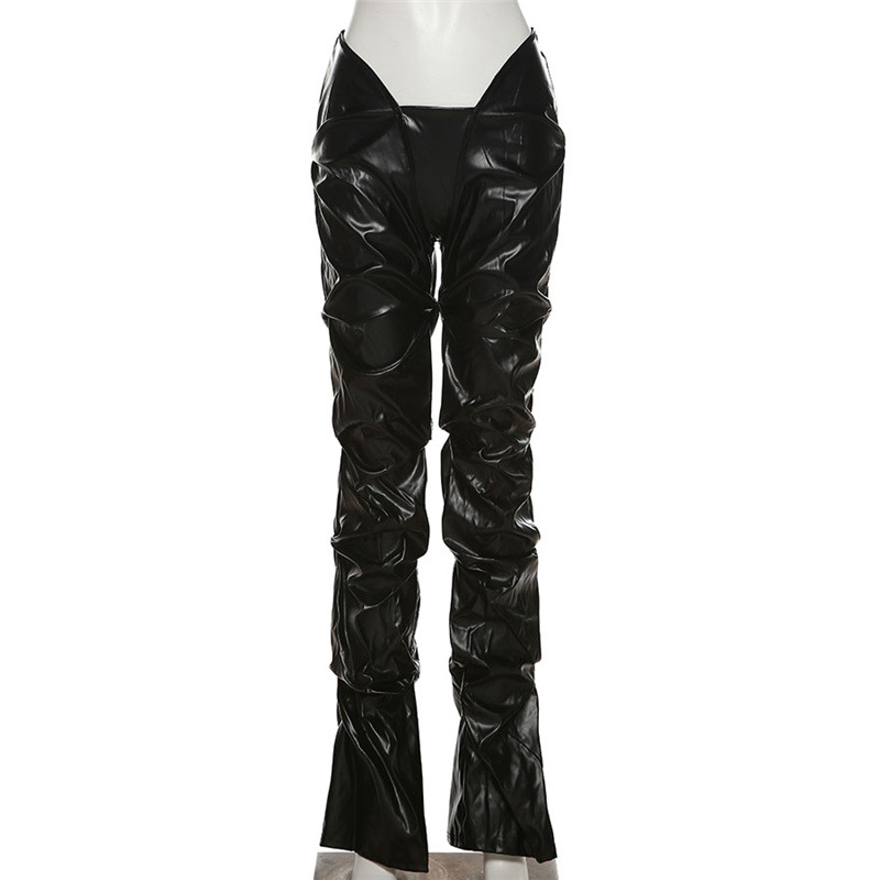 Faux Leather Sexy Low rise Street Snap Straight Leg Casual Pants Black - Shop at LoveMi