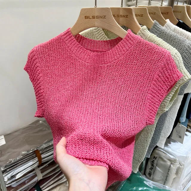 Women's Ice Silk Hollow Chic Short Sleeve Knitwear Rose Red - Shop at LoveMi