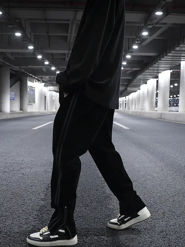 Side Striped Zipper Slit Woolen Straight-leg Sweatpants