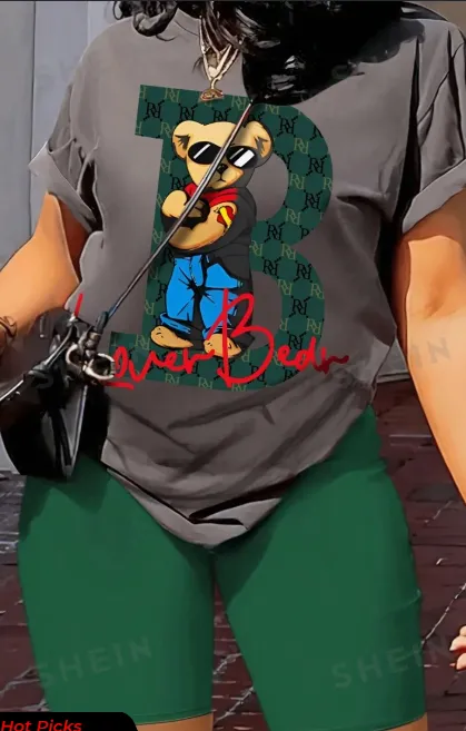 Bear Printed T Shirt And Solid Color Shorts Set Multicolor2 - Shop at LoveMi