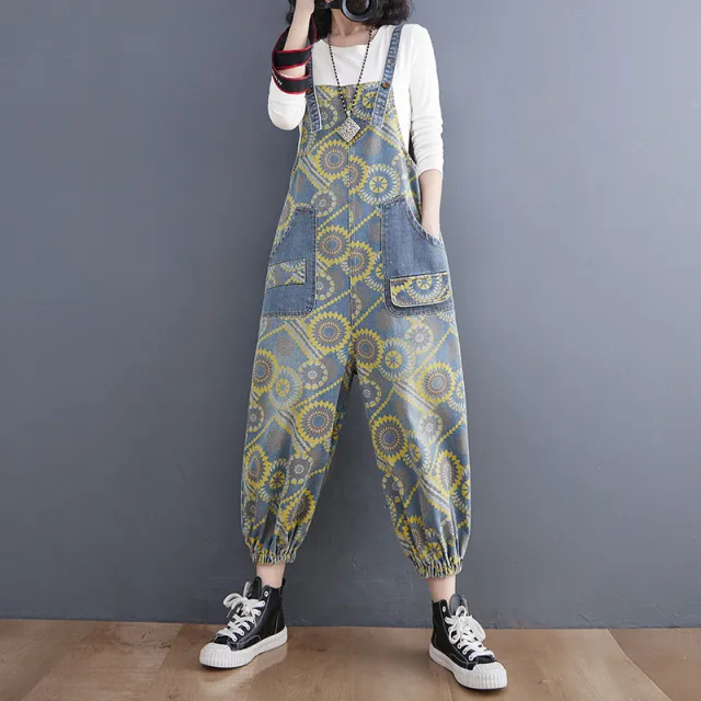 Spring Lean Print Jean Overalls For Women Blue - Shop at LoveMi