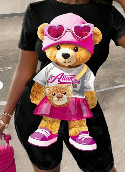Casual Printed Cute Bear Pattern Set For Women, Suitable For Summer Rose Red - Shop at LoveMi