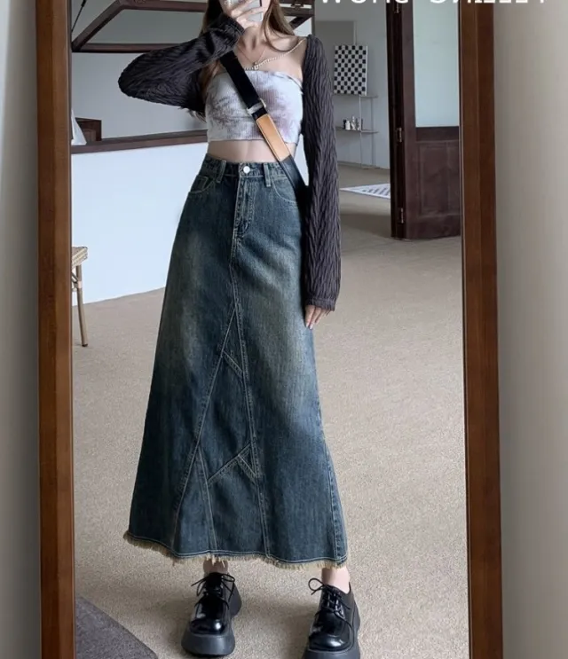 Niche Design Lotus Leaf Hip Fishtail Skirt Women's High Waist Slit Denim Skirt Blue - Shop at LoveMi