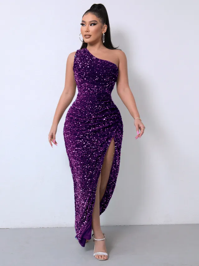 Foreign Trade Sleeveless One Shoulder Slash Neck Sequins Gorgeous Slit Women's Dress Deep Purple - Shop at LoveMi