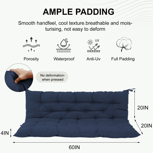 Outdoor Swing Cushions 60 Inch,Waterproof 4in  Thick Porch Swing Cushion Replacement With Backrest And Ties,Comfortable 2-3 Seat Pation Swing Pad For Backyard,Garden,Lawn,Outdoor Furniture Dark Blue — view 5