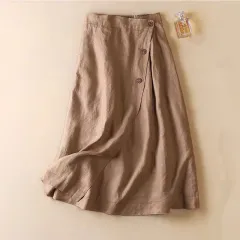 Women's New Casual Cotton Linen Medium Long Elastic Waist Skirt - Khaki - View 1