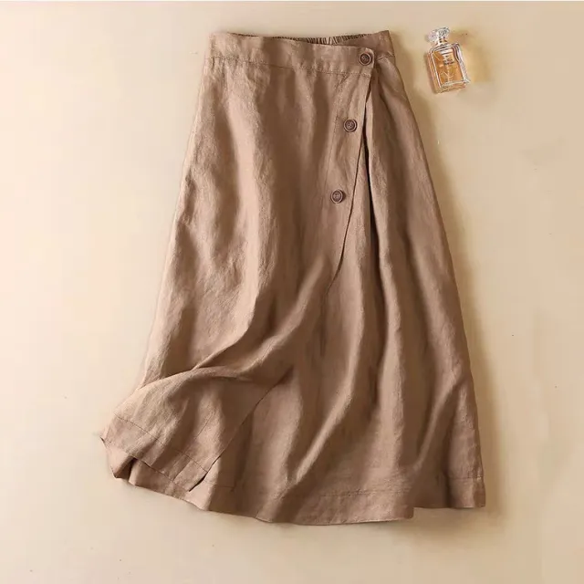 Women's New Casual Cotton Linen Medium Long Elastic Waist Skirt Khaki - Shop at LoveMi