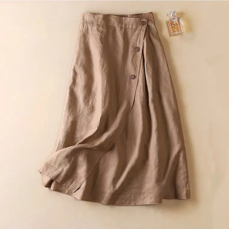 Women's New Casual Cotton Linen Medium Long Elastic Waist Skirt - Khaki