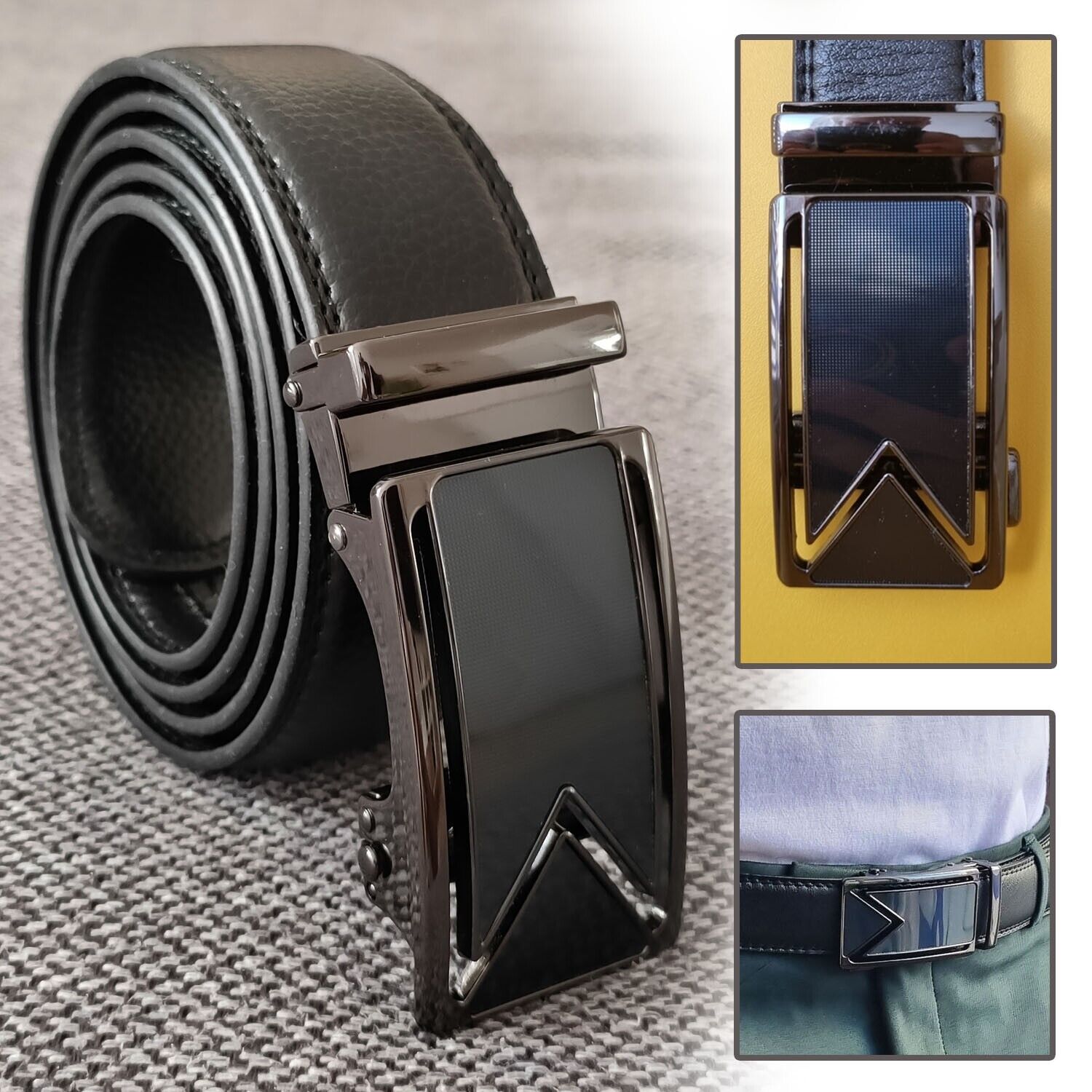 Slide Buckle Ratchet Belt - Genuine Leather - USA. We ship only inside the US, USPS First Class Package, 2 Day Handling, 2-5 Day Shipping. Microfiber PU Leather Ratchet Belt Belts For Men Adjustable Size with Automatic Slide Buckle No Holes by SHAVIT. Rat