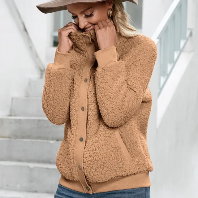Lamb Plush Cardigan Jacket Double sided Plush Jacket Coat Top Khaki - Shop at LoveMi