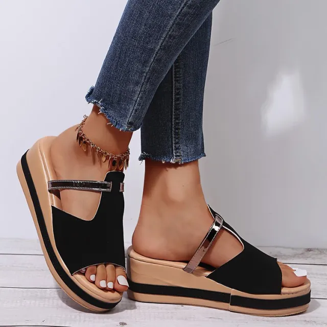 Wedge Heel Female Fish Mouth Word Casual Outdoor Sandals Black - Shop at LoveMi