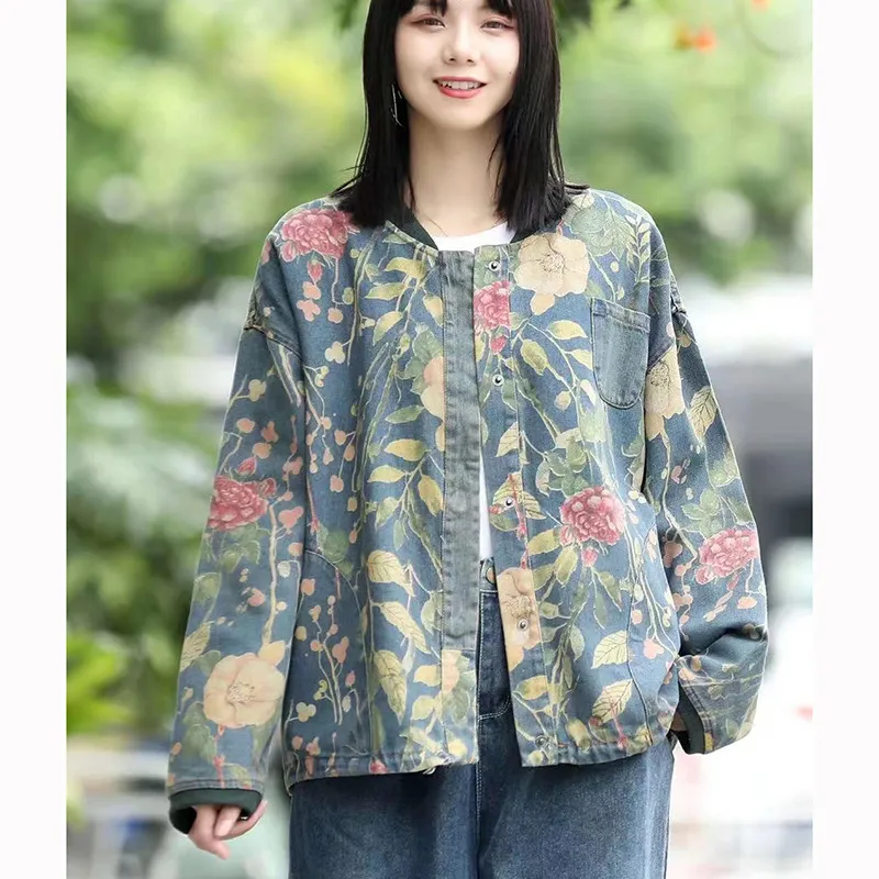 Women's Ethnic Literary Retro Print Denim Jacket - 2Suit