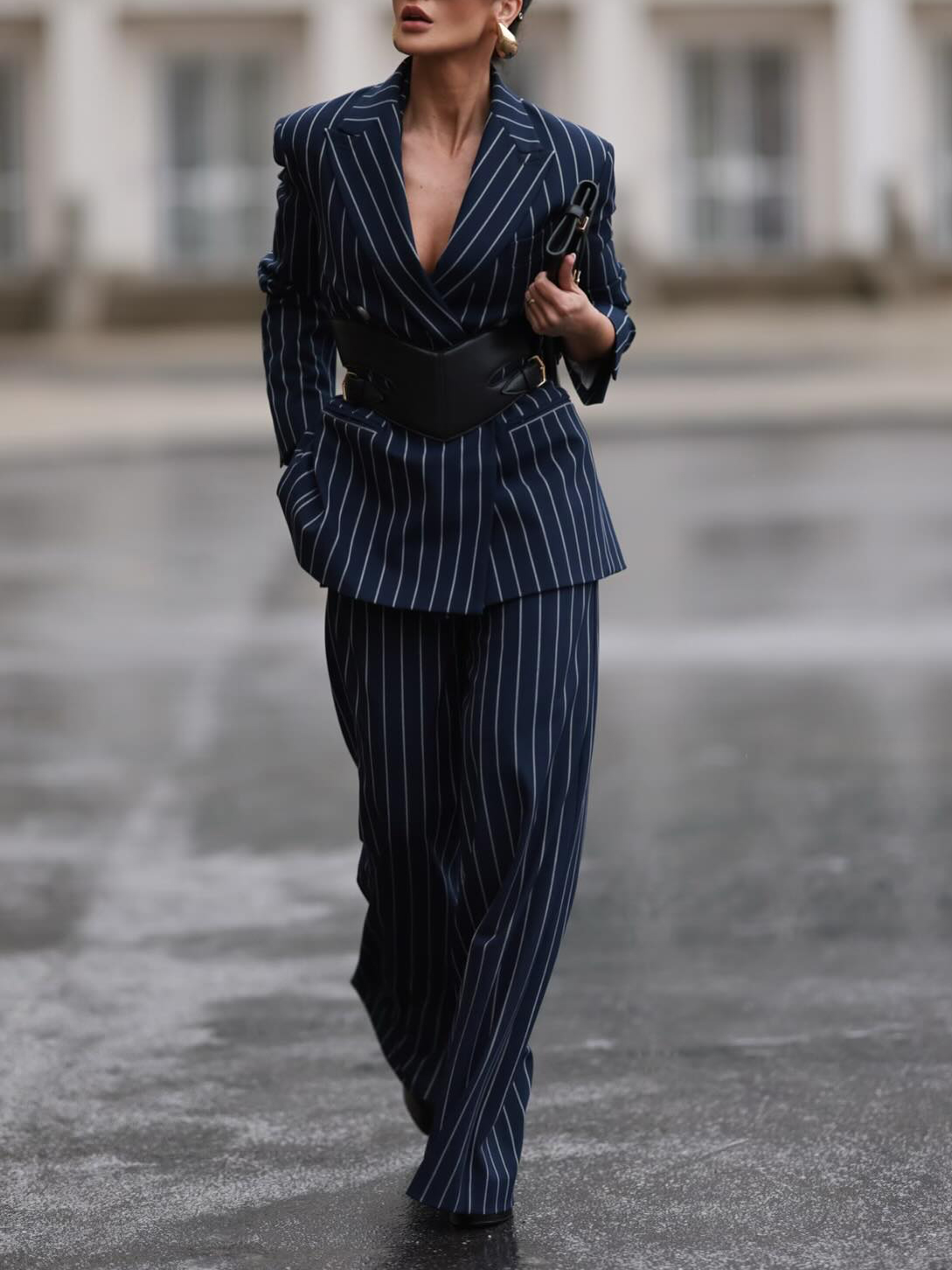 Elegant Striped Blazer & High Waist Pants Set