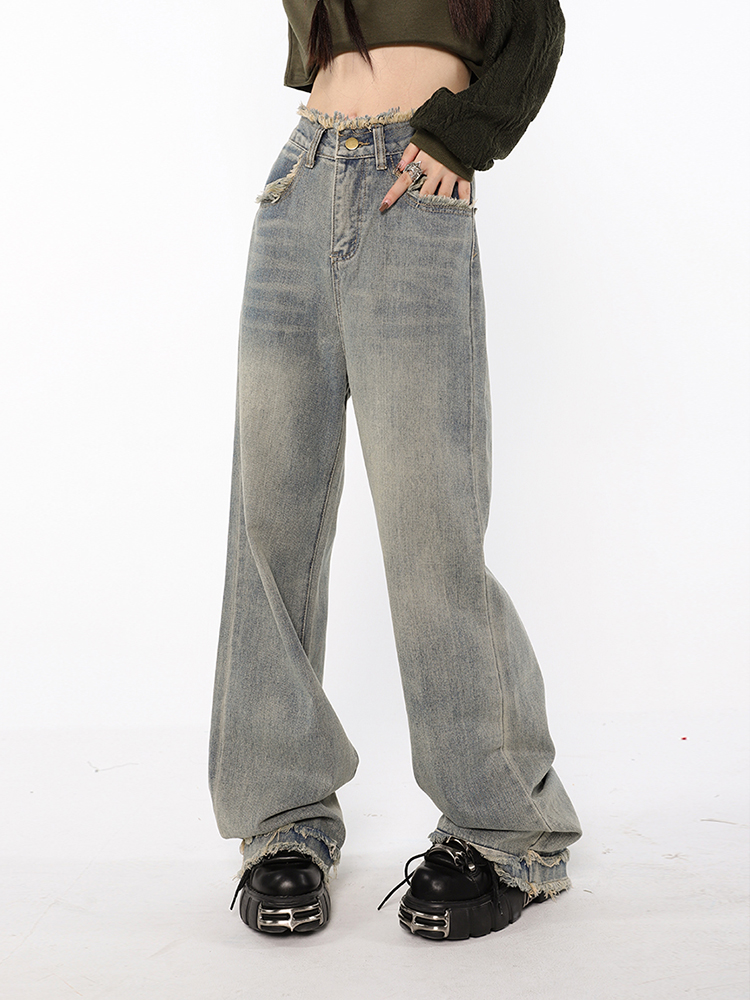 American High Waist Straight Wash Made Old Jeans Women