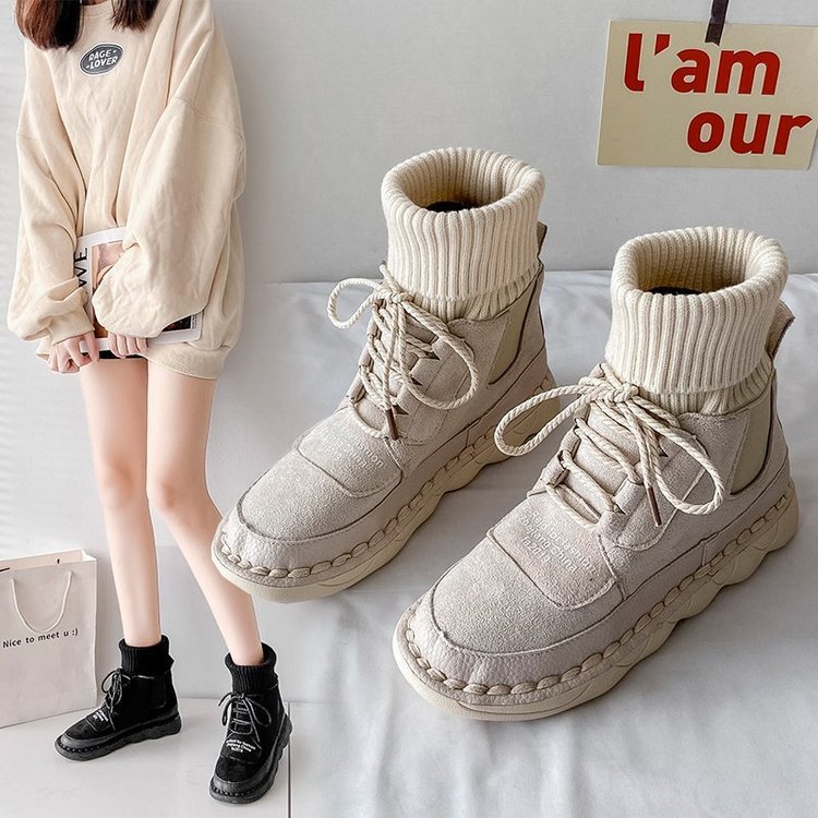 Martin Boots Women's Thick-soled Flying Knitting Yarn Mouth Shoes