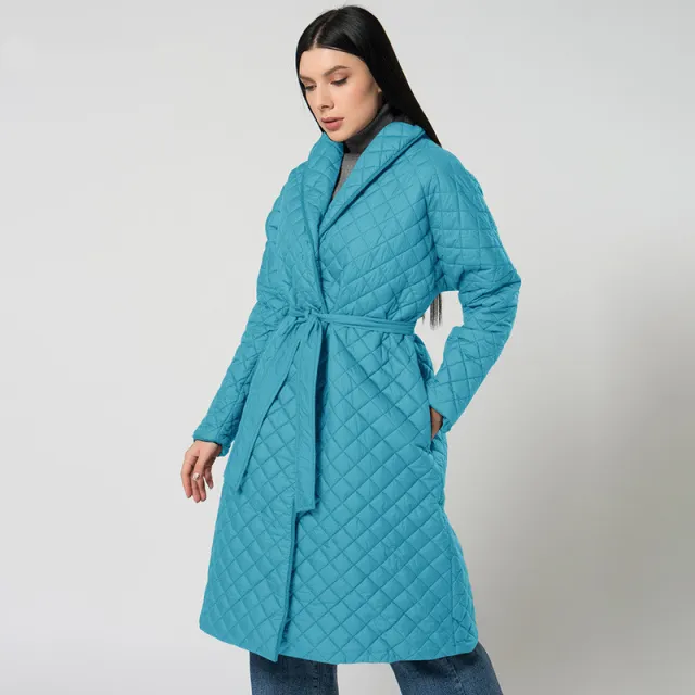Women's Diamond Plaid Fitted Waist Cotton padded Coat Light Blue - Shop at LoveMi