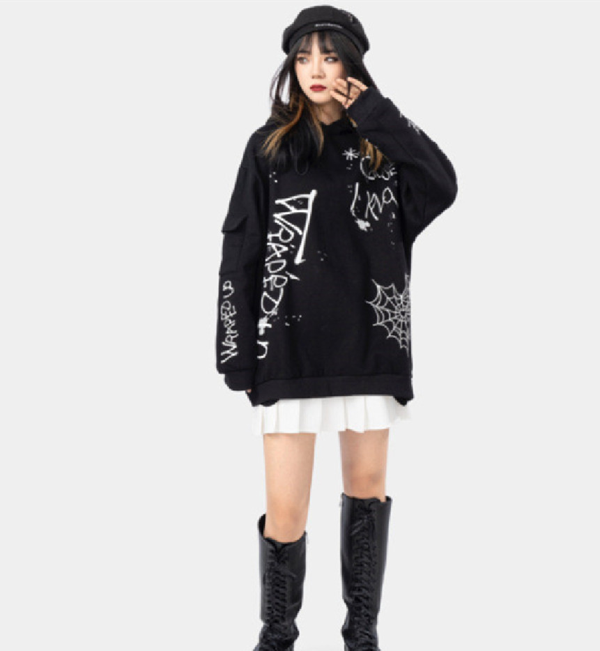 High Street Hip Hop Graffiti Embroidered Print Hoodie