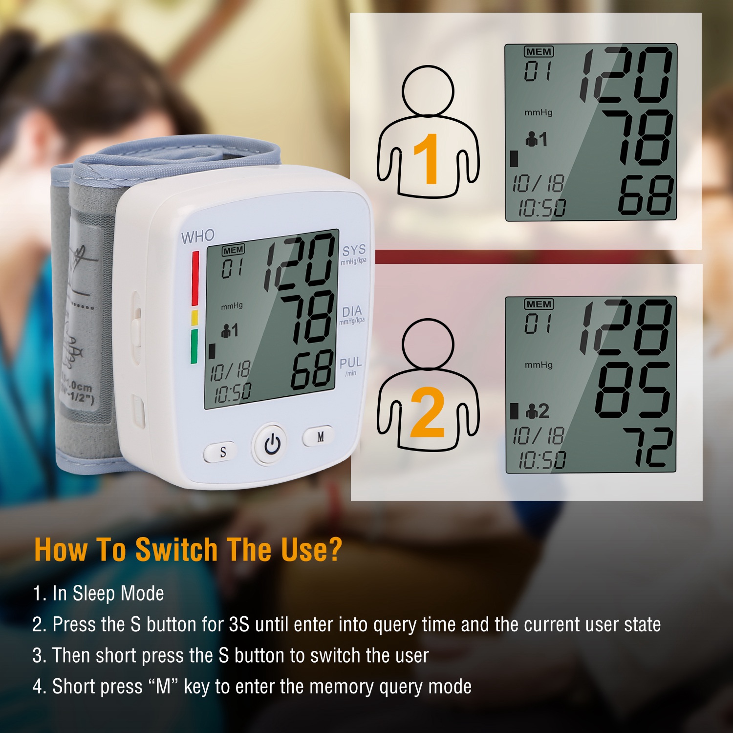 1Pc Blood Pressure Monitor Wrist Digital High Blood Pressure Cuff Heartbeat Tester With 90x2 Reading Memory 2In LCD Screen Storage Box